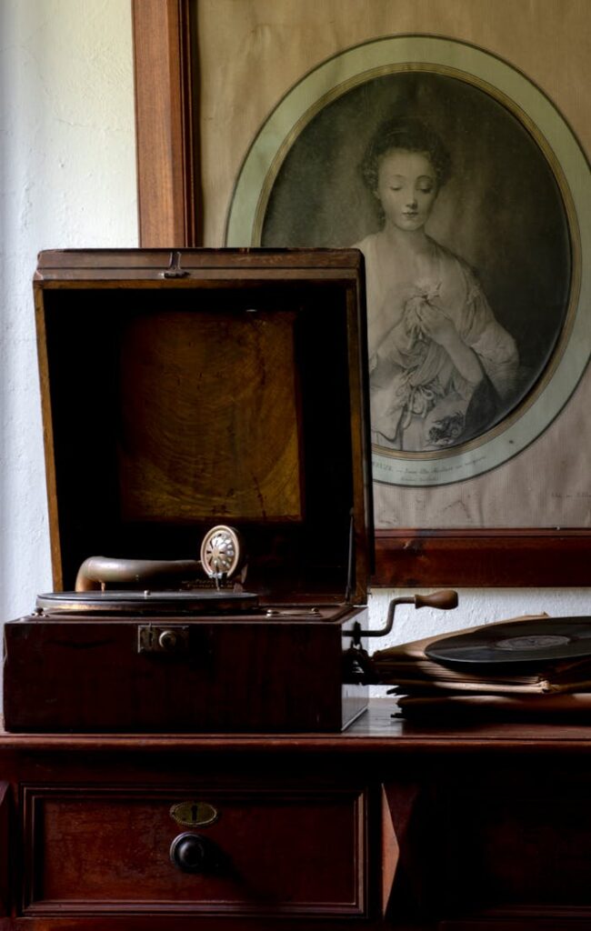 Antique gramophone with a vintage portrait, capturing nostalgic elegance in Pintag, Ecuador.
